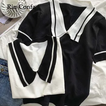 Rin Confa, Женская одежда, Летняя Футболка с коротким рукавом, Y2K, Топ, Женская Повседневная футболка, Черные, Белые Винтажные Блузки, Корейская мода
