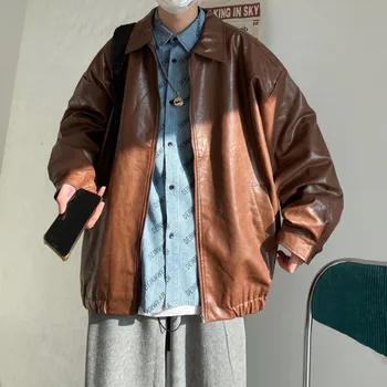 Черная/коричневая кожаная куртка; мужская модная повседневная мотоциклетная куртка большого размера; мужская уличная одежда; Свободная куртка-бомбер в стиле хип-хоп; Мужская куртка-бомбер