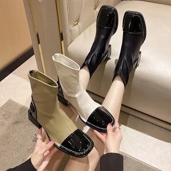 Женские ботинки для верховой езды с цветными блоками, Обувь из японской кожи С квадратным носком, Ботинки 